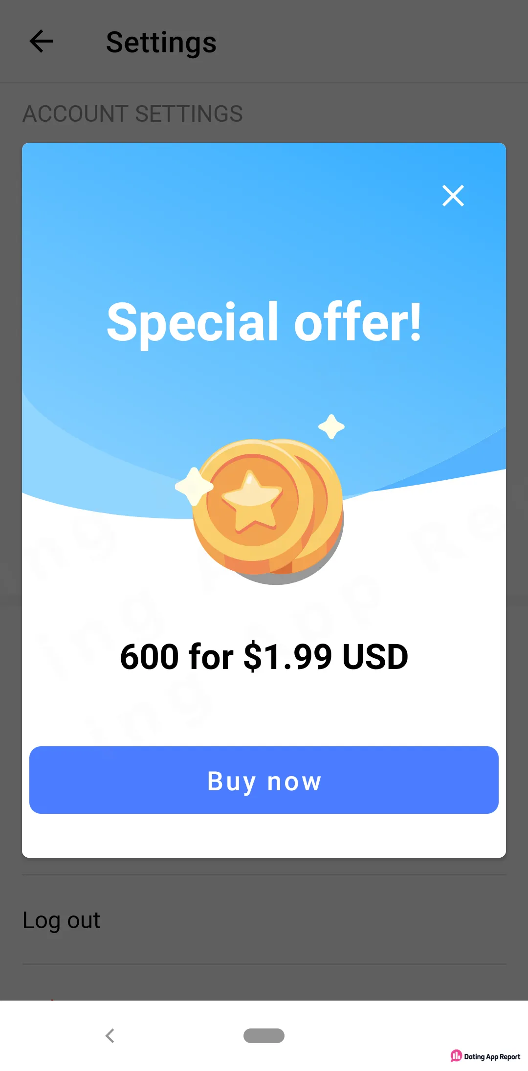 A "Special offer!" pop-up over Settings offers 600 coins for $1.99 USD, with a Buy now button.