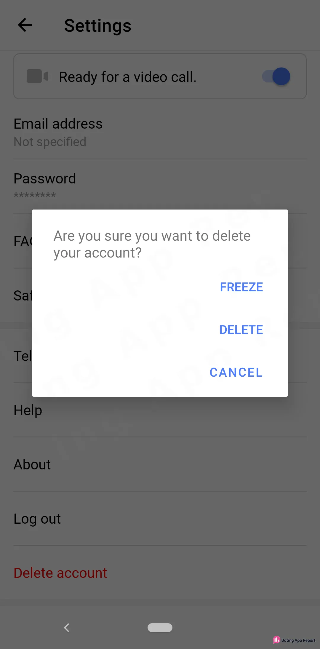A FirstStep Settings pop-up asks "Are you sure you want to delete your account?" with Freeze, Delete and Cancel.