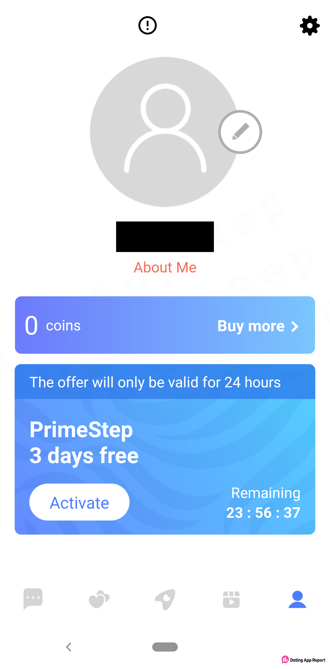 Profile screen shows 0 coins, a Buy more link, and a limited-time "PrimeStep 3 days free" offer with countdown.