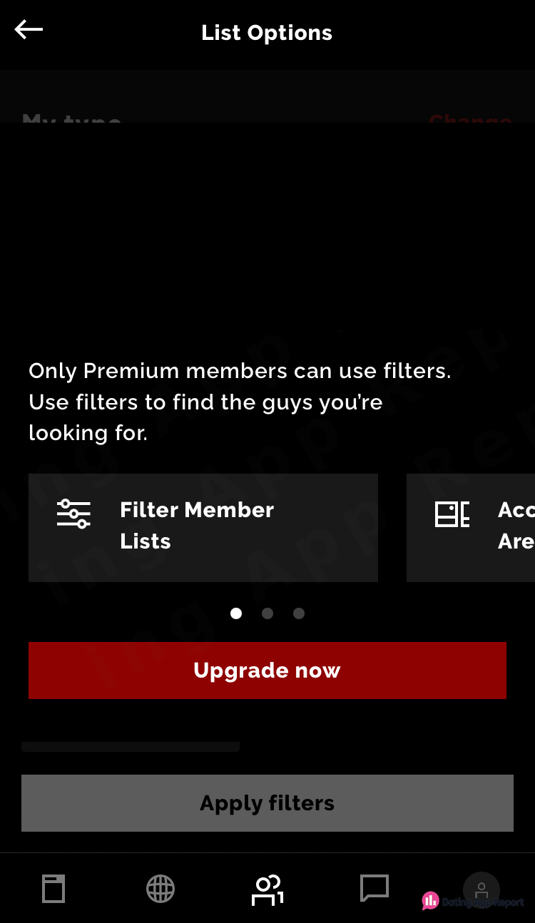 The List Options screen says "Only Premium members can use filters" and shows an "Upgrade now" button.