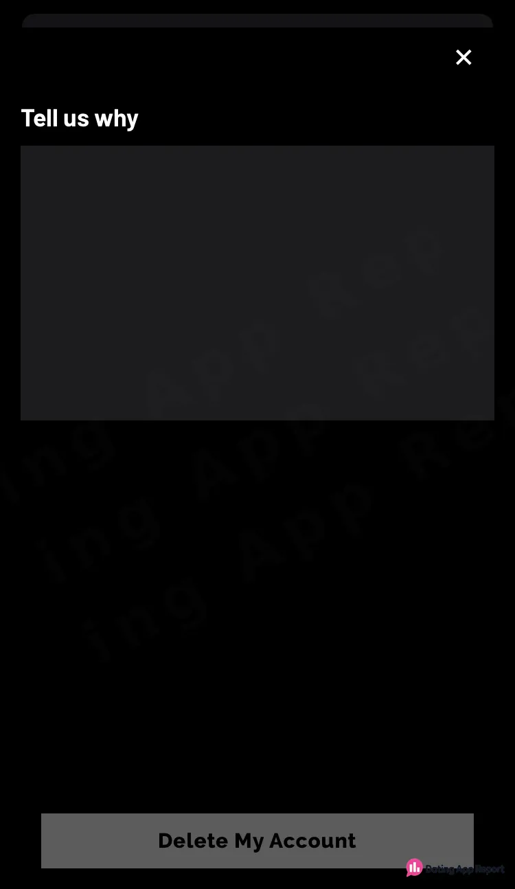 Recon deletion step with a "Tell us why" text box and a final "Delete My Account" button at the bottom.