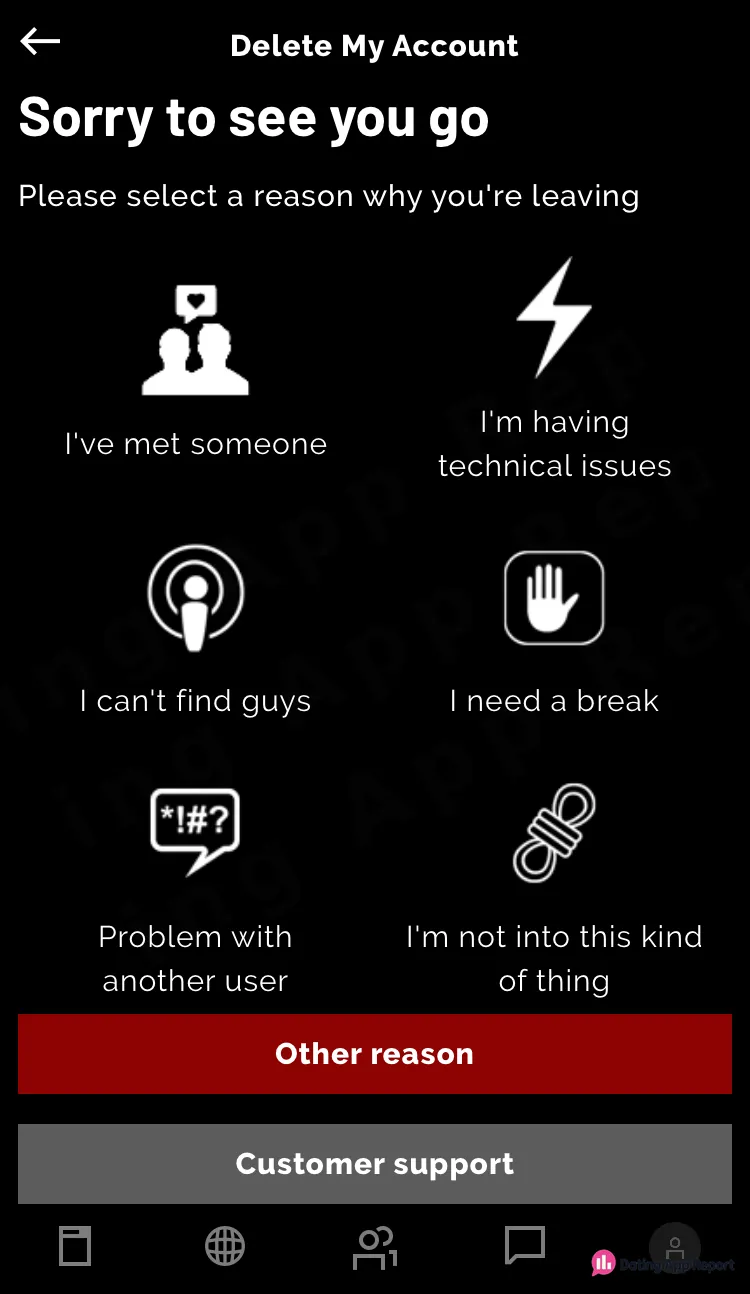 Delete My Account screen asks you to pick a leaving reason from six options, plus Other reason and Customer support.