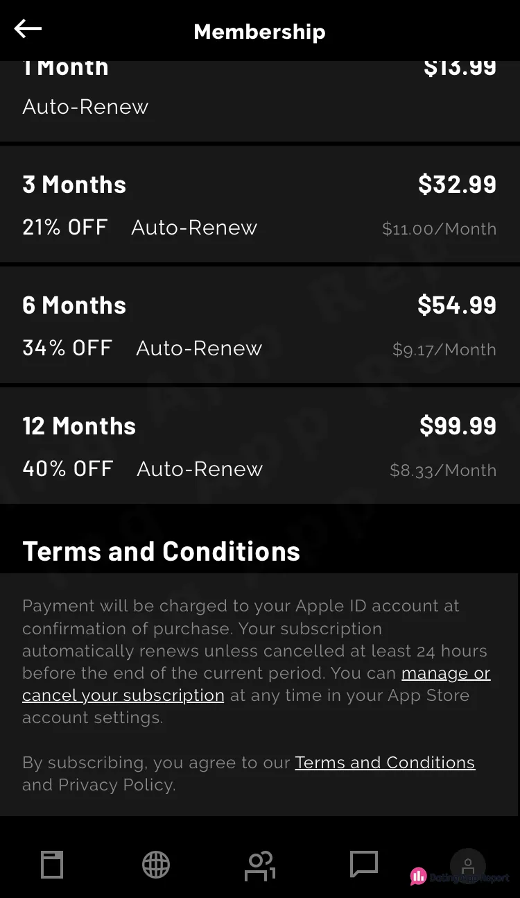 Recon's membership page lists auto-renewing plans: 1 month $13.99, 3 months $32.99, 6 months $54.99, 12 months $99.99.