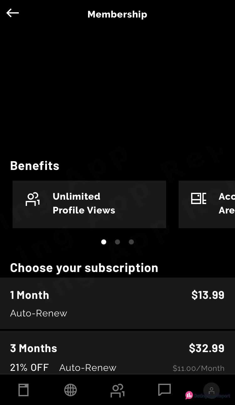 Recon's Membership page lists Unlimited Profile Views, a 1-month plan at $13.99 and a 3-month plan at $32.99, both auto-renewing.