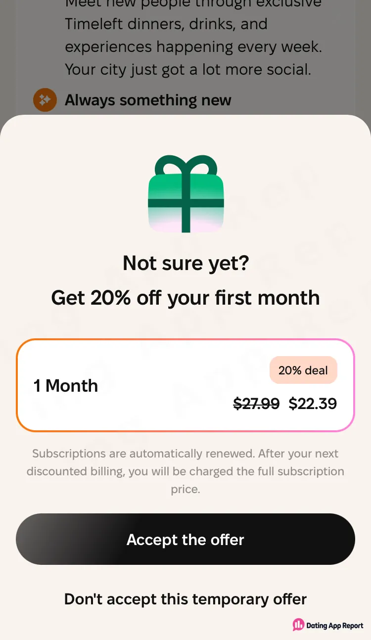 A "Not sure yet?" offer cuts the first month from $27.99 to $22.39; full price applies after the discounted billing.