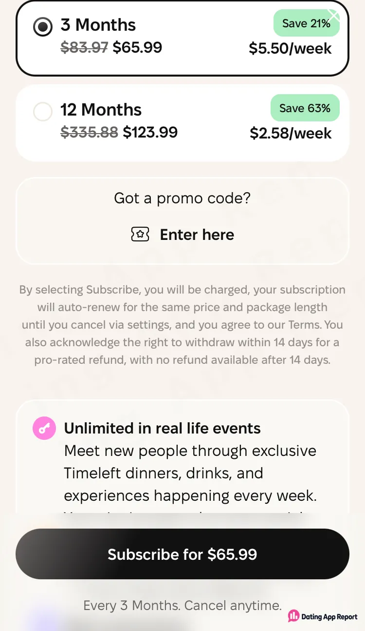 The 3-month plan ($65.99) is selected above the 12-month plan ($123.99), with auto-renewal and a 14-day pro-rated refund term.