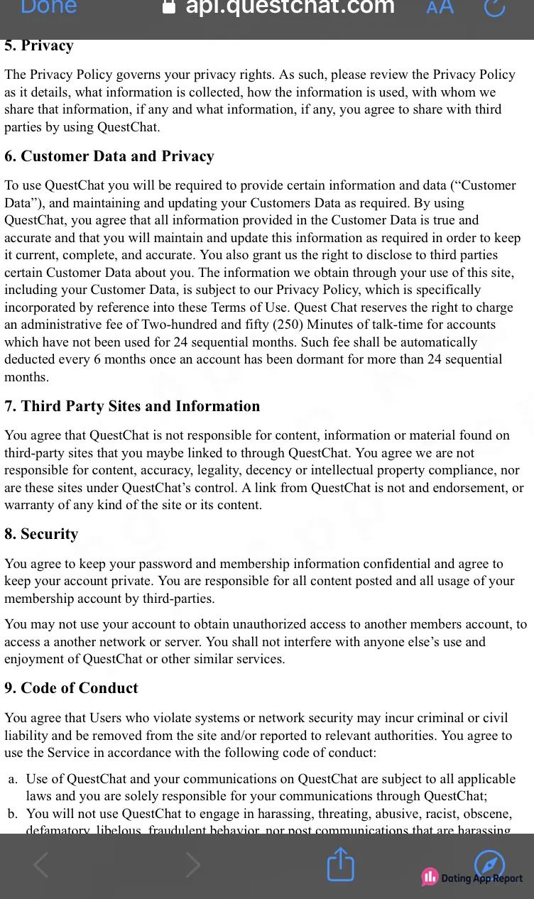 QuestChat Terms cover privacy, sharing customer data with third parties, a 250-minute fee for dormant accounts, and conduct rules.