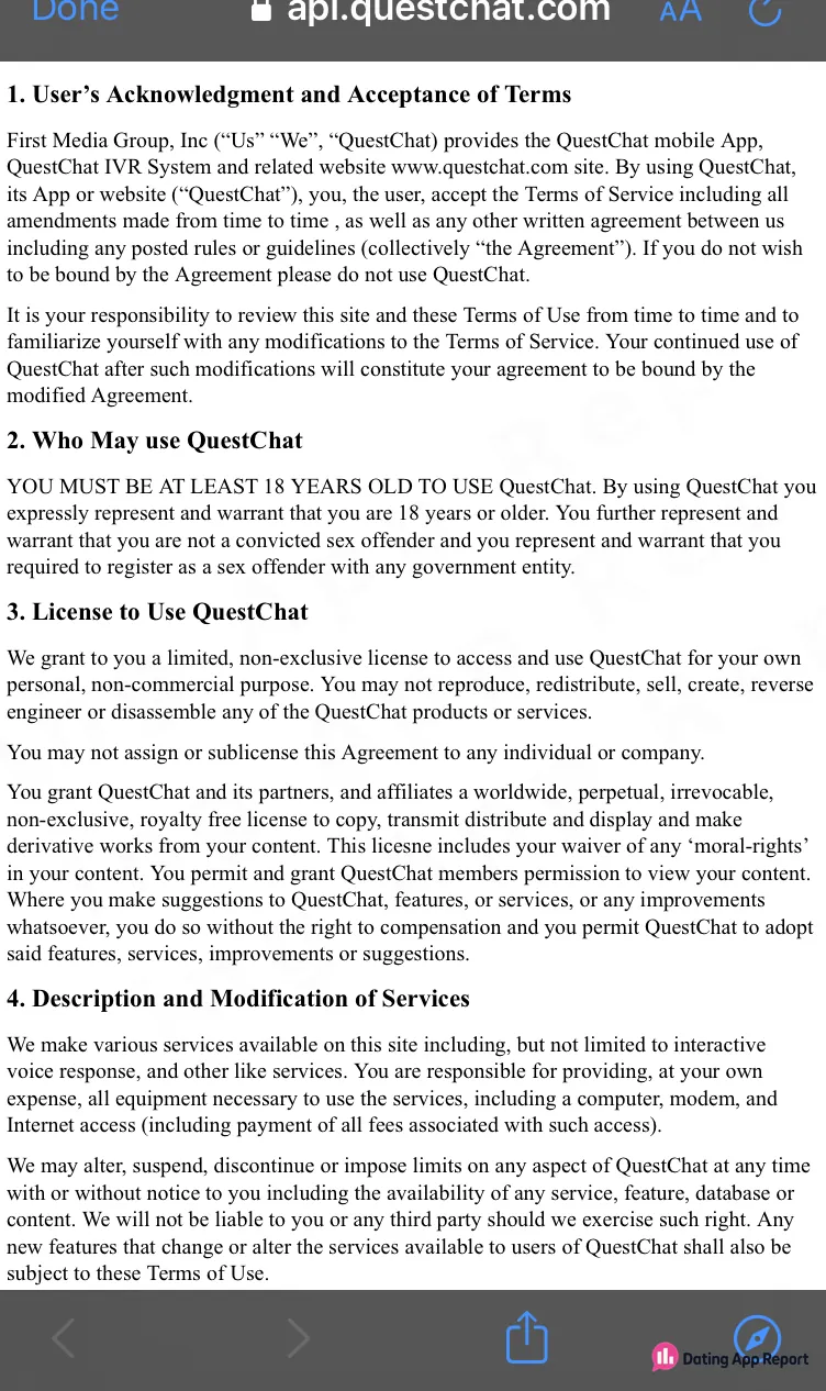 QuestChat Terms of Use: users must be 18 or older, not sex offenders, and grant QuestChat a perpetual content license.