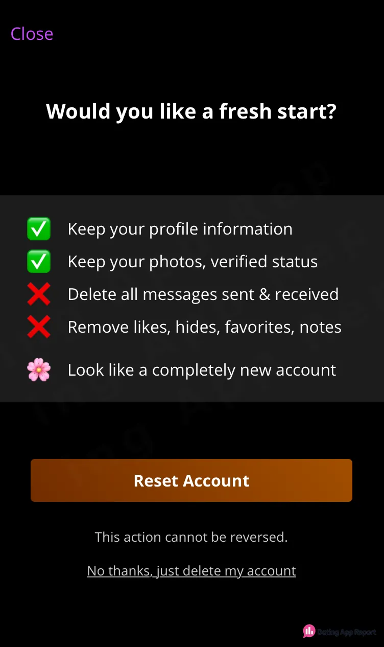 The account reset deletes all sent and received messages and cannot be reversed.