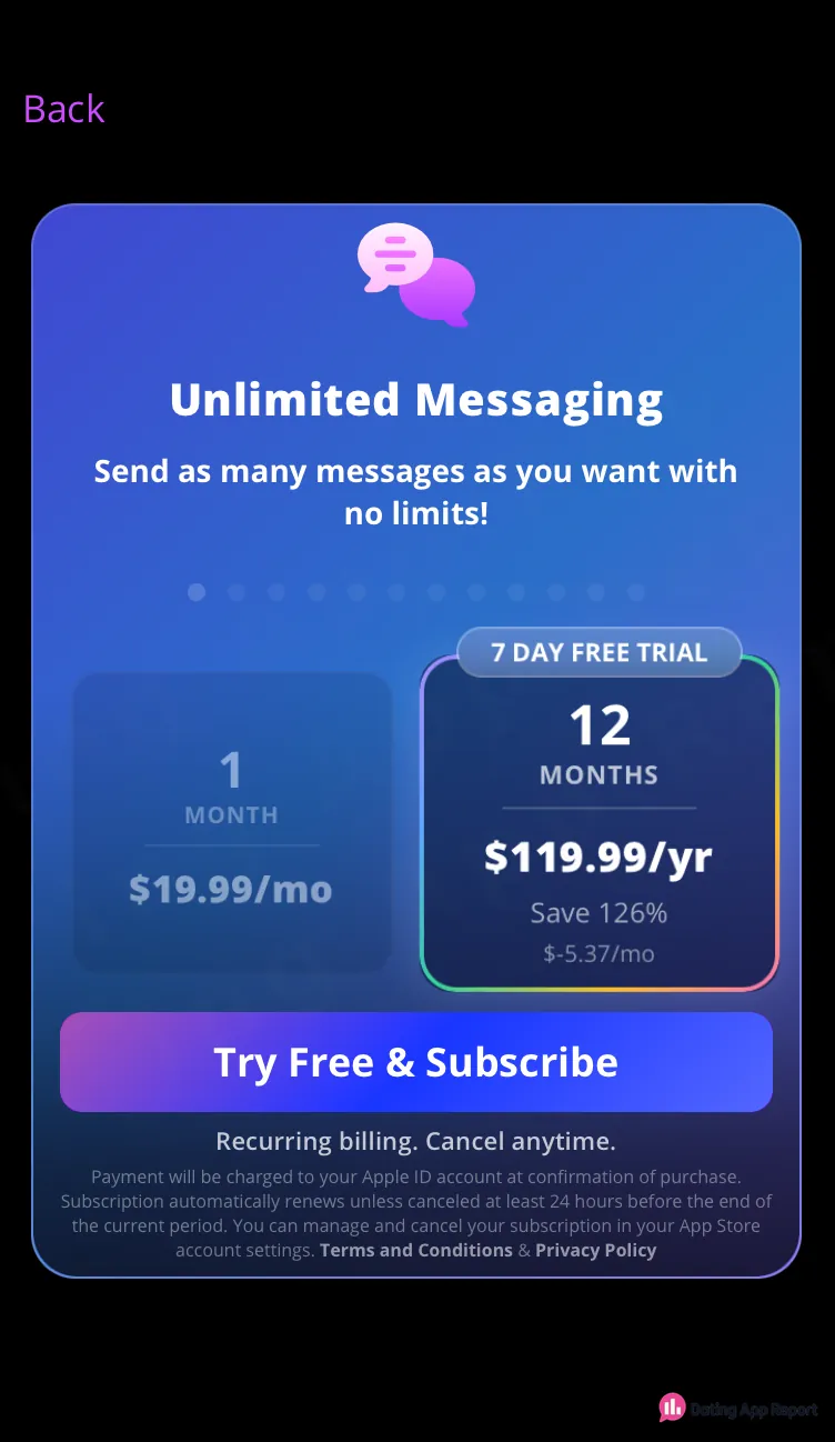 Unlimited Messaging offer: $19.99 monthly, or $119.99 yearly with 7-day free trial, "Save 126%" and "$-5.37/mo".
