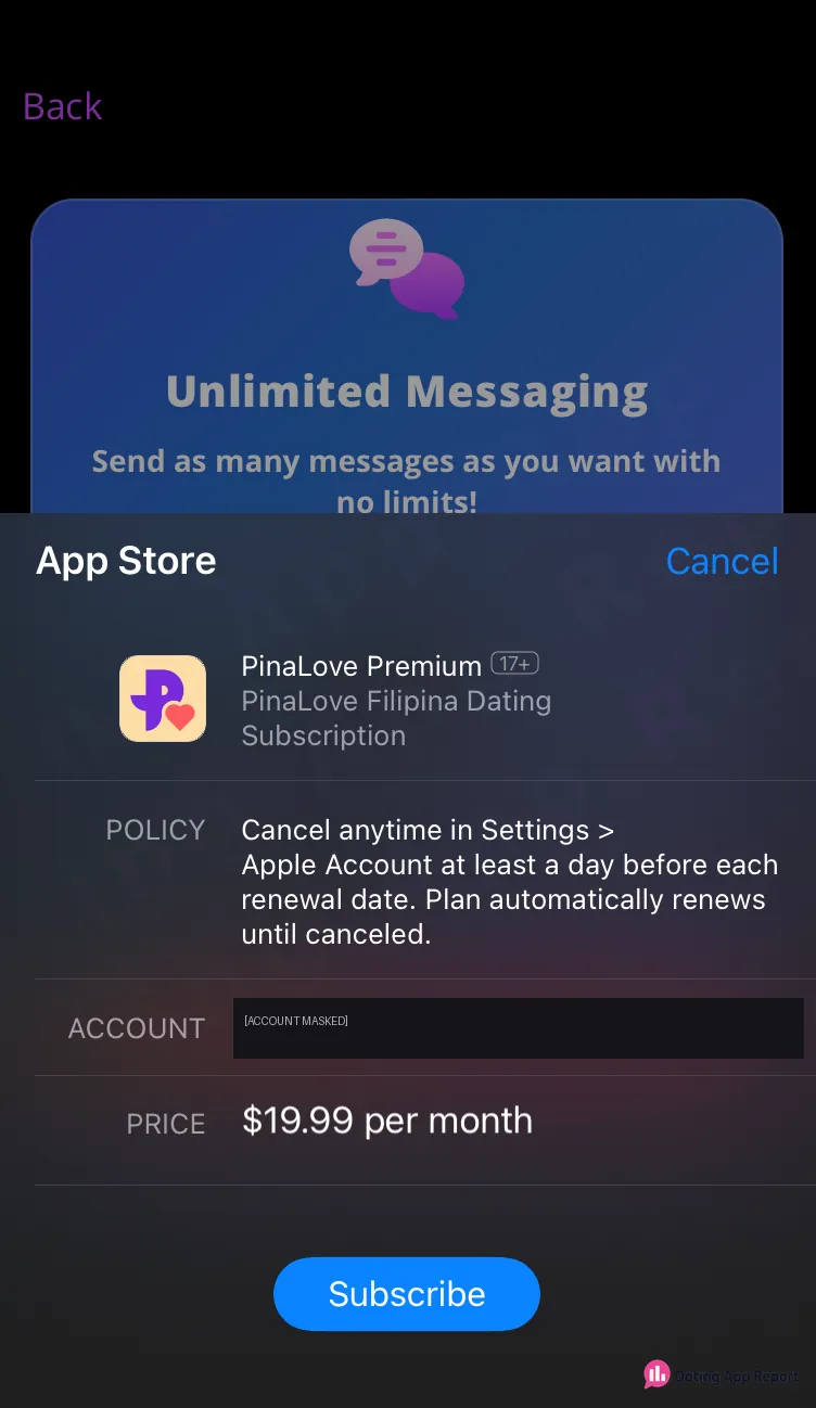 App Store sheet showing PinaLove Premium at $19.99 per month.