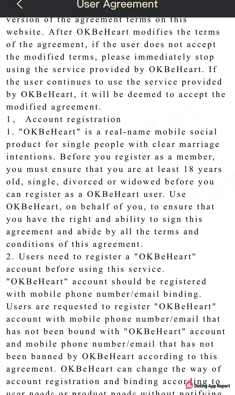 OKBeHeart User Agreement: registration requires users 18+, single, divorced or widowed, with phone or email.