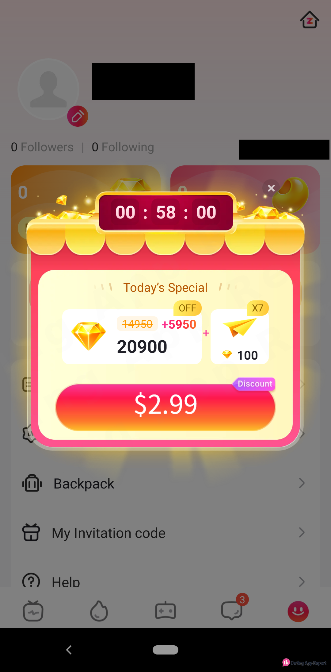 A Today's Special pop-up with a countdown offers 20900 diamonds plus 100 for $2.99.