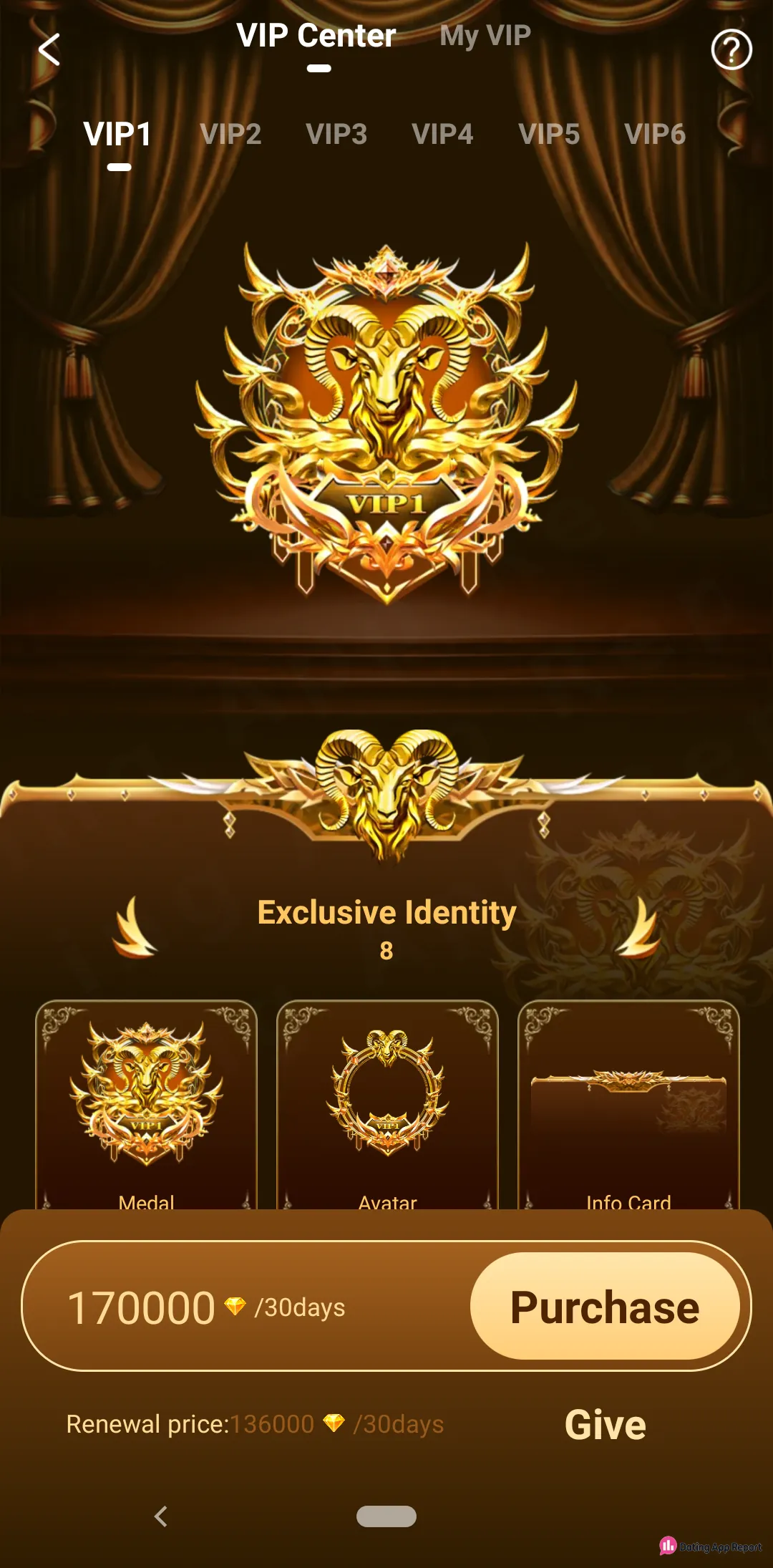 VIP Center, VIP1 tab: 170000 diamonds per 30 days; renewal price 136000 diamonds per 30 days.