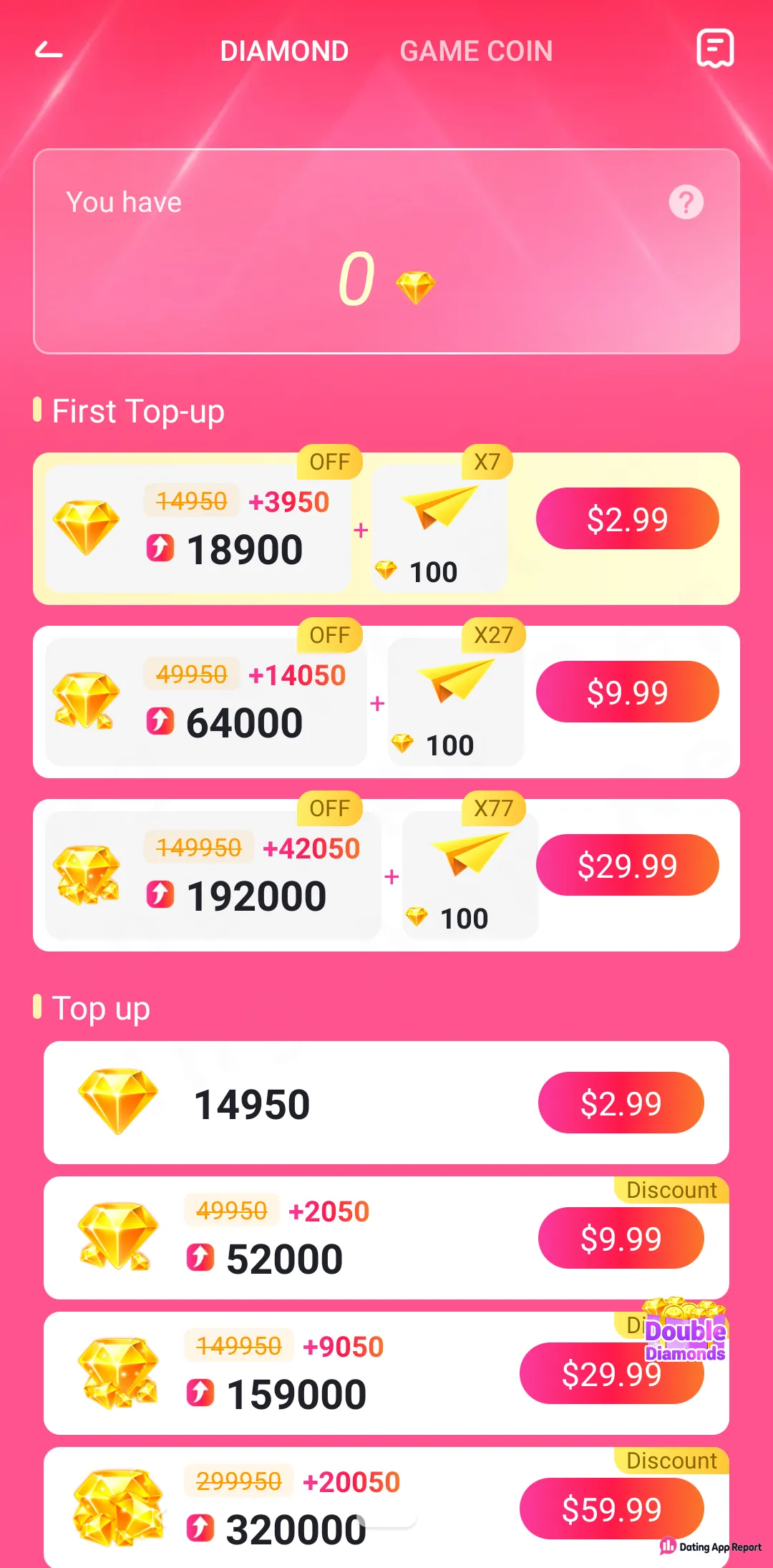 Diamond store listing first top-up bonus packs and regular diamond packs from $2.99 to $59.99.