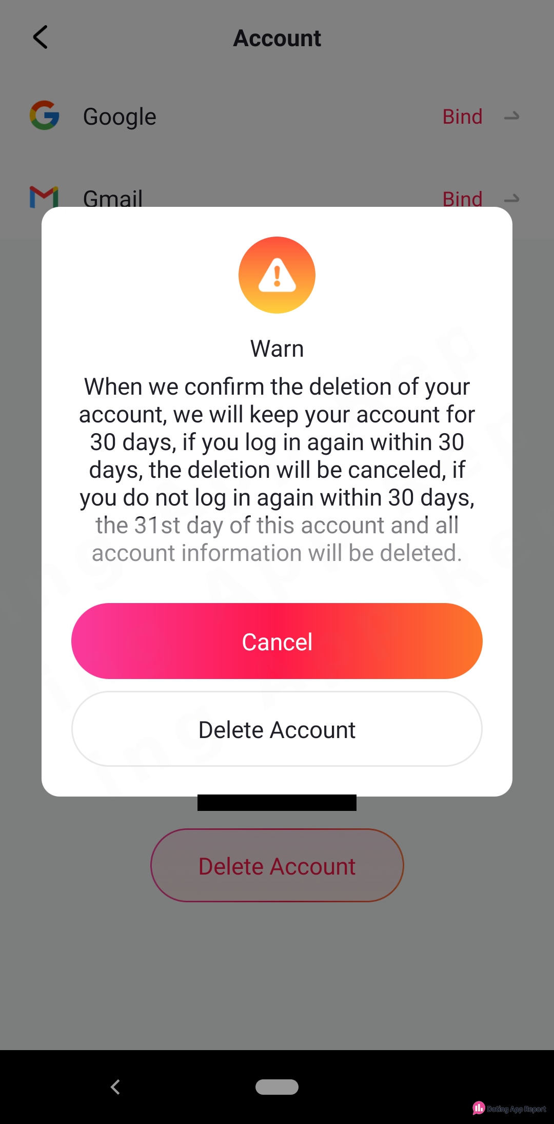 A warning on the Account screen says deleted accounts are kept 30 days, and logging back in cancels deletion.