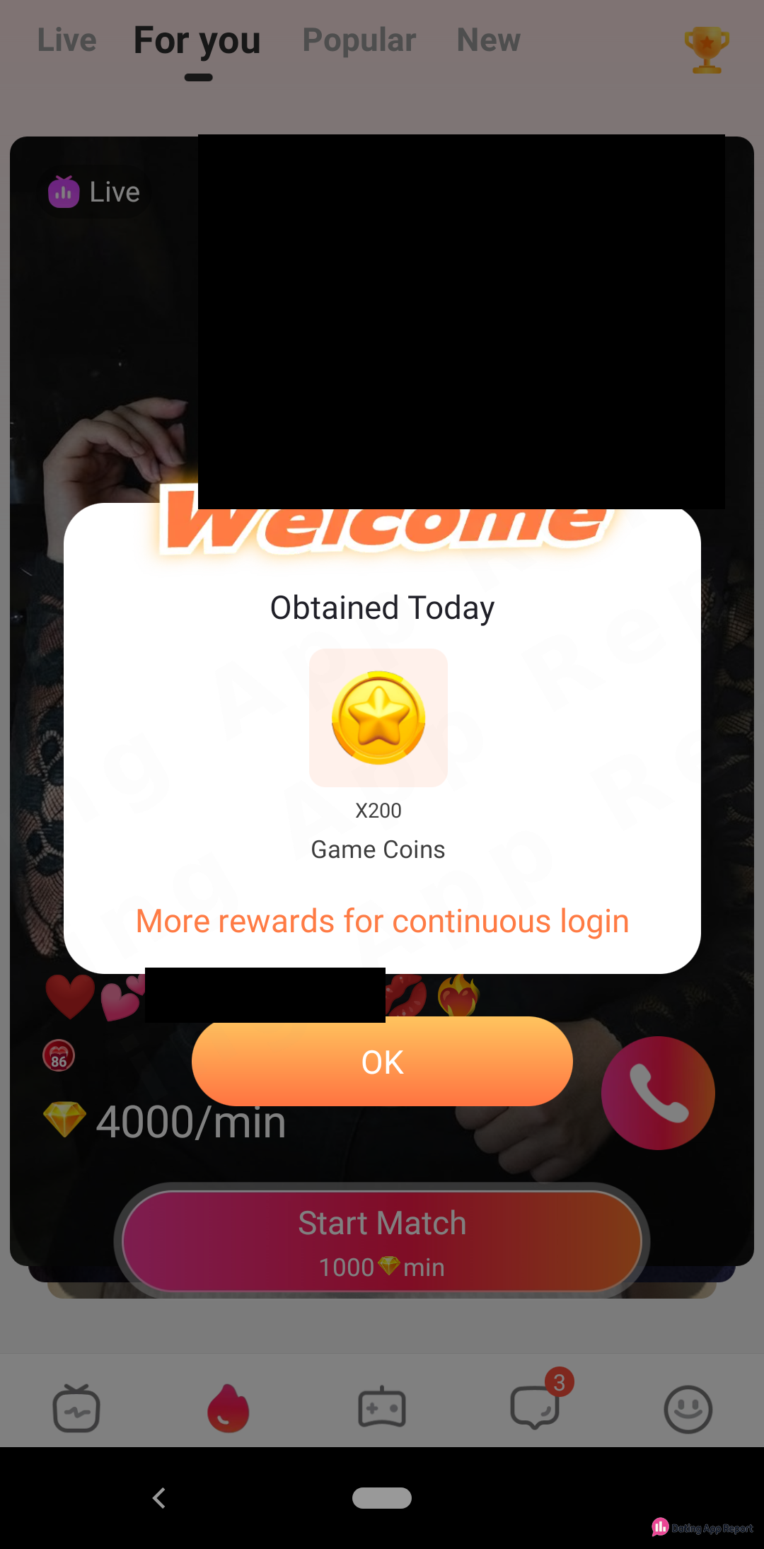 A Welcome pop-up gives 200 game coins; the card behind it shows 4000/min and Start Match 1000/min.