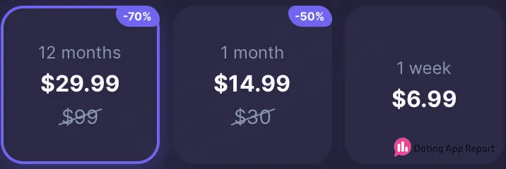 Subscription options: 12 months for $29.99, 1 month for $14.99, and 1 week for $6.99.