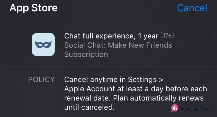 App Store renewal policy for the one-year subscription.
