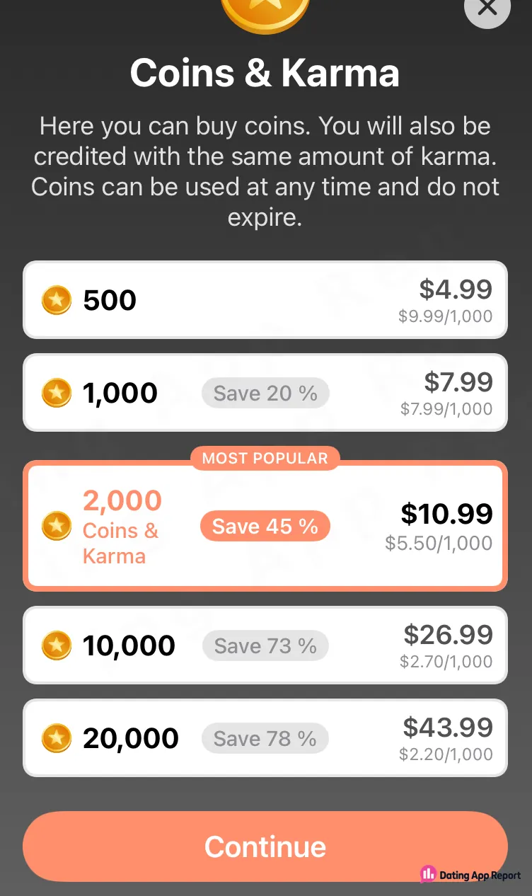 The highlighted package offers 2,000 coins and Karma for $10.99.