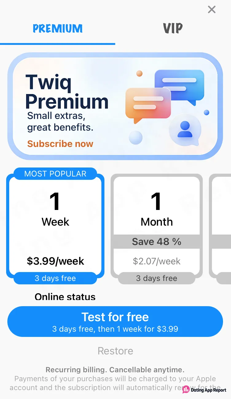 Selected Twiq Premium offer: 3 days free, then 1 week for $3.99.