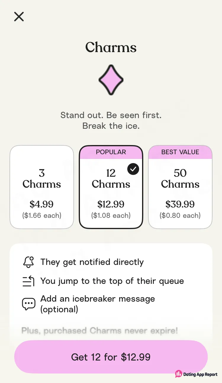 Charms cost $4.99 for 3, $12.99 for 12 or $39.99 for 50, and the screen says purchased Charms never expire.