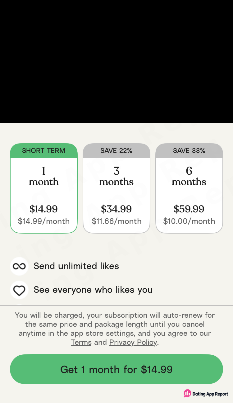 Premium plans cost $14.99 for 1 month, $34.99 for 3 months or $59.99 for 6 months, and auto-renew.