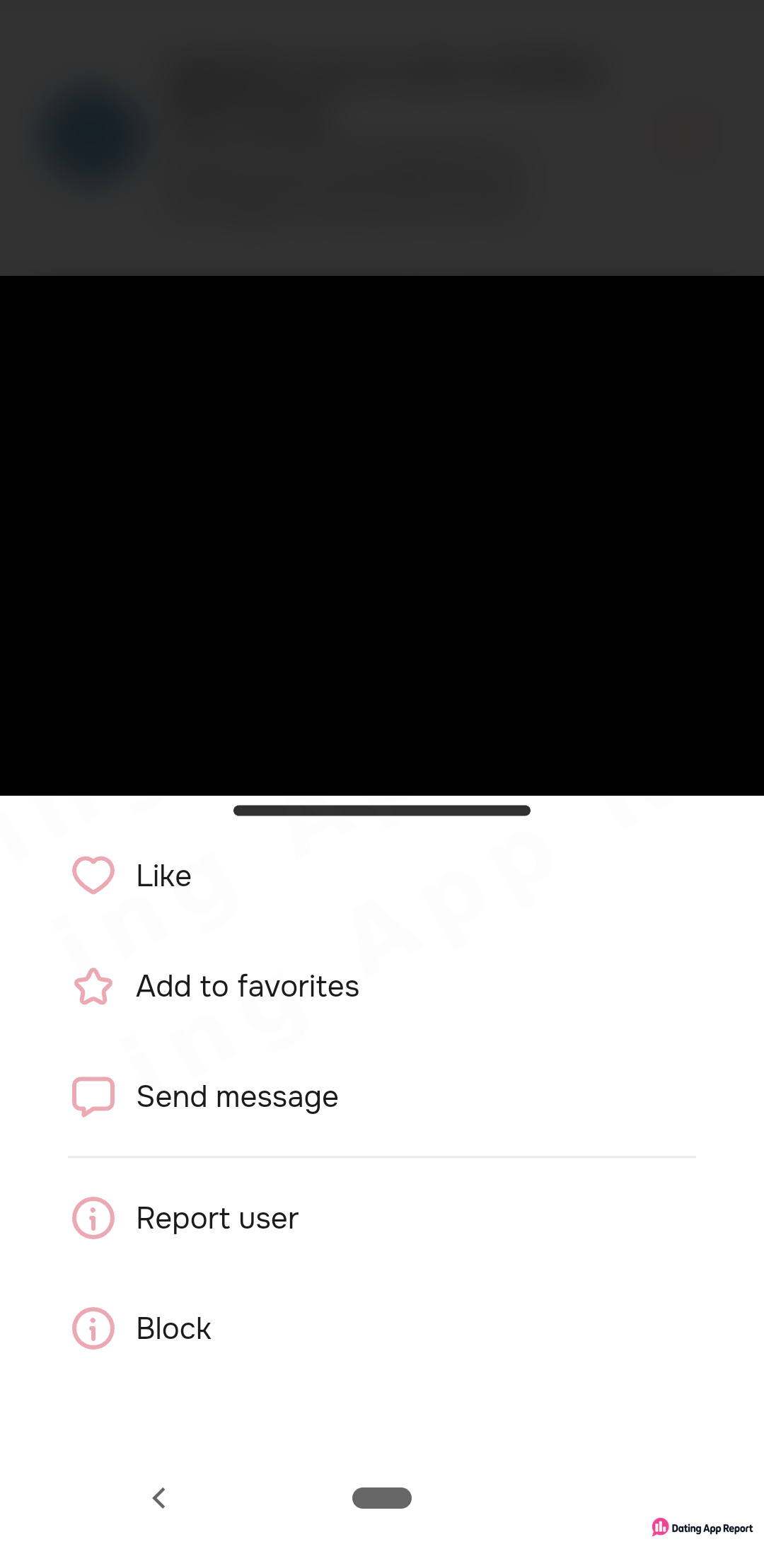 A member's profile menu lists Like, Add to favorites, Send message, Report user and Block; the profile area is redacted.