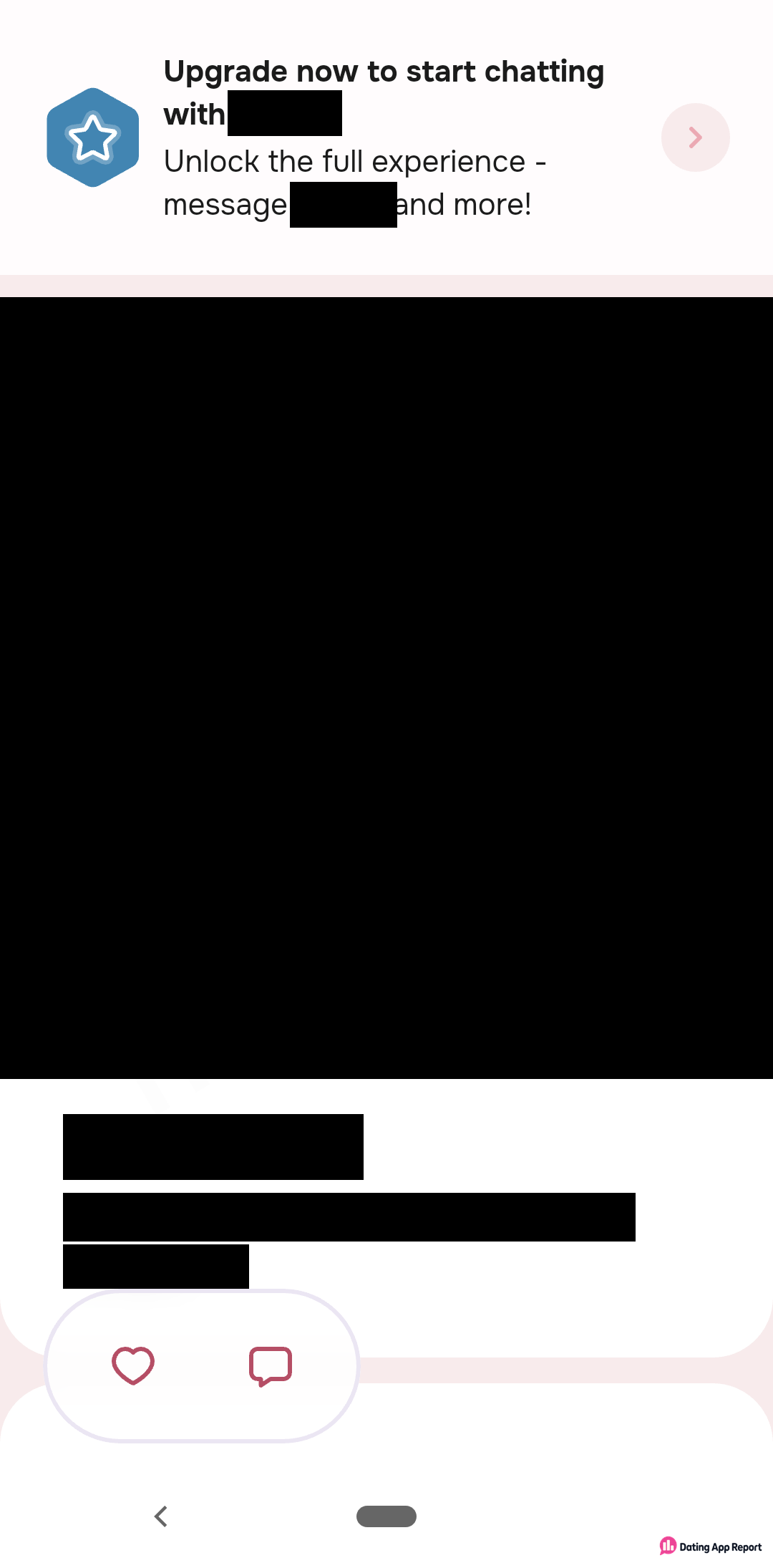 A member's profile with a banner saying to upgrade to chat with them, plus like and message buttons.