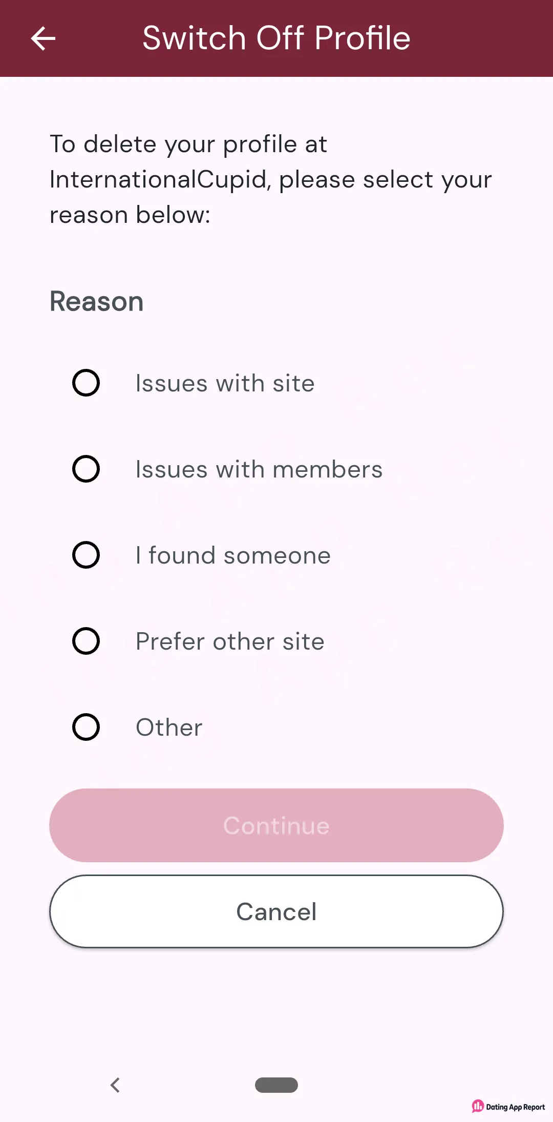 InternationalCupid's Switch Off Profile screen asks you to pick a reason before deleting your profile, then tap Continue or Cancel.