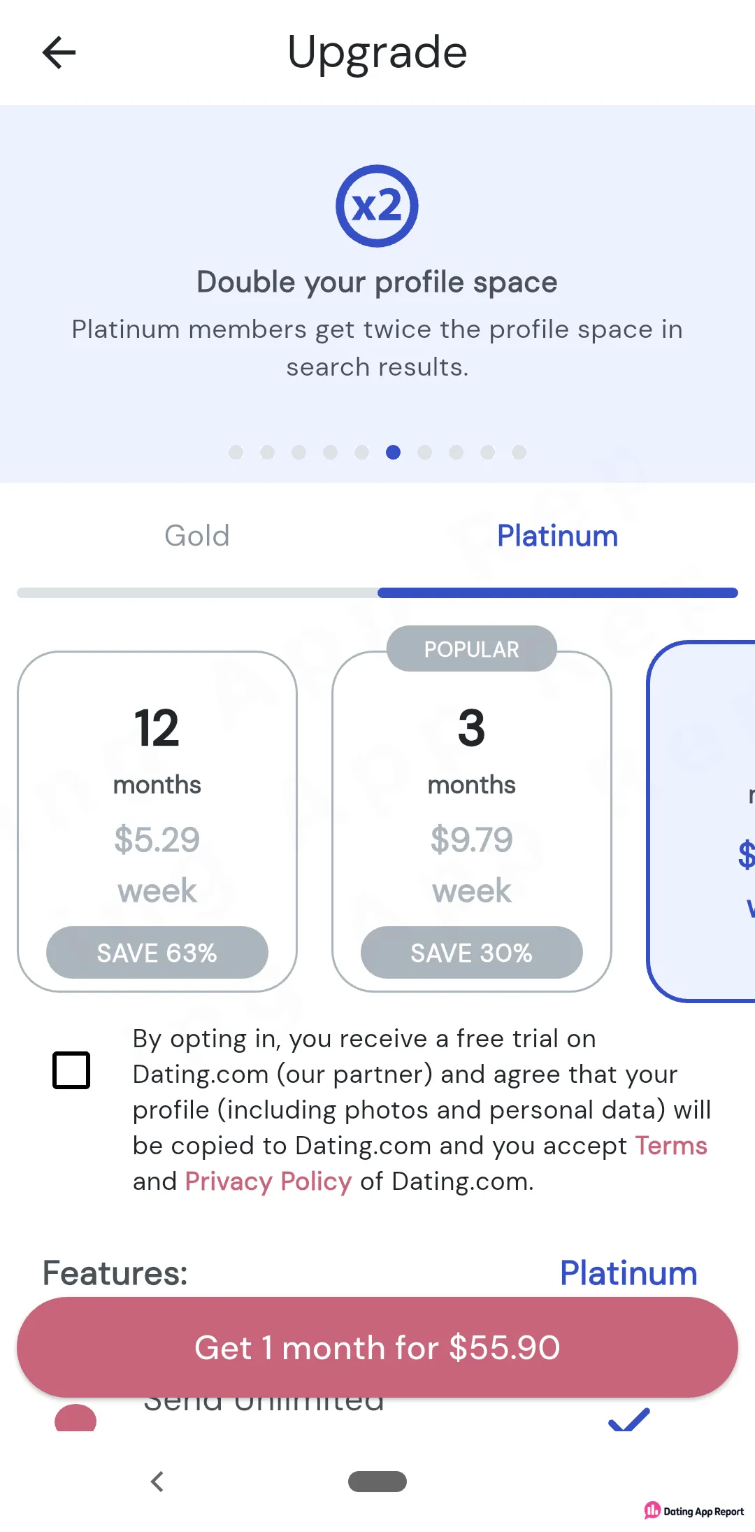 Platinum upgrade screen lists 12 months at $5.29/week, 3 months at $9.79/week, and 1 month for $55.90.
