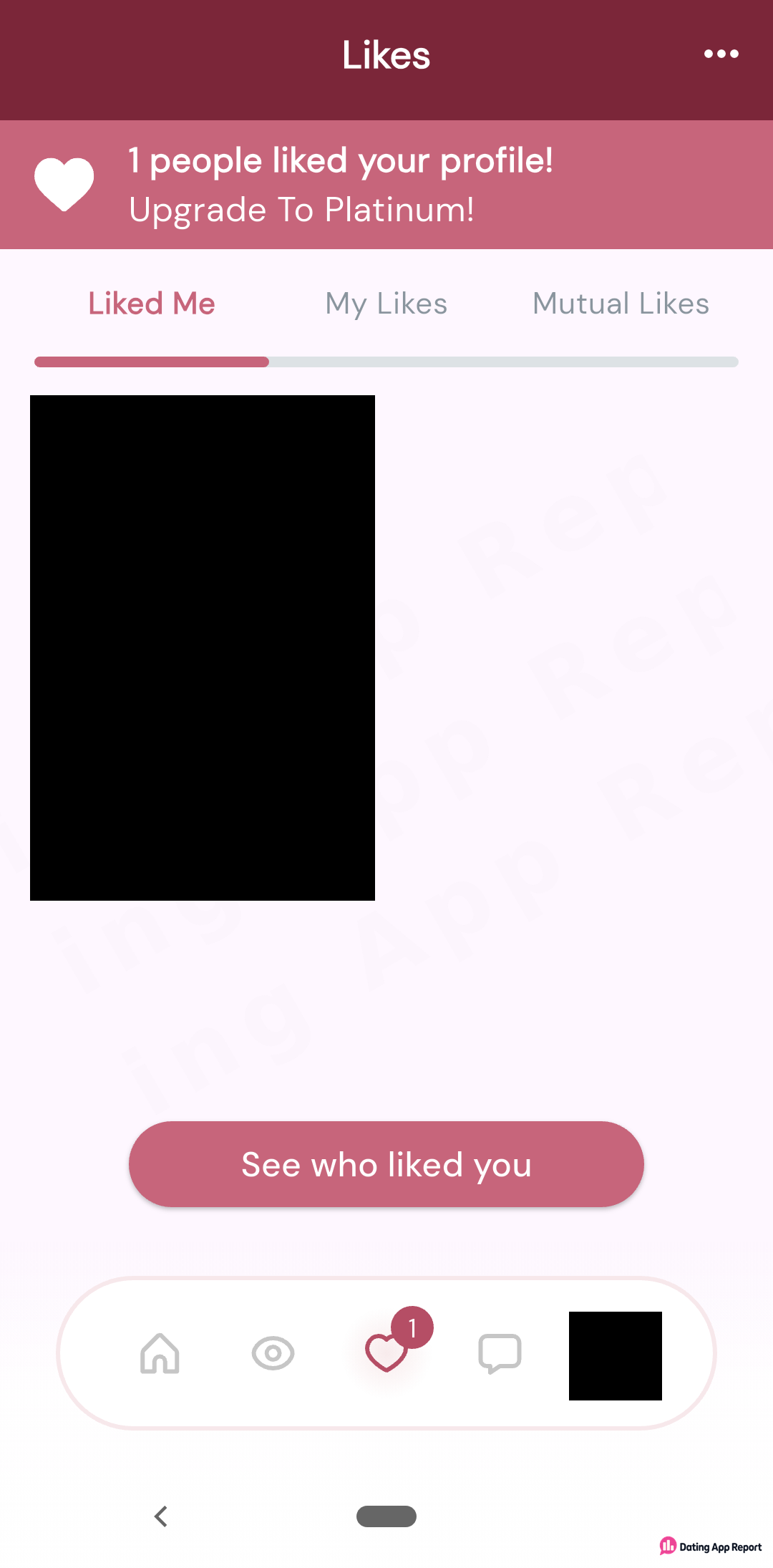 Likes tab says "1 people liked your profile! Upgrade To Platinum!" above redacted photo and "See who liked you" button.