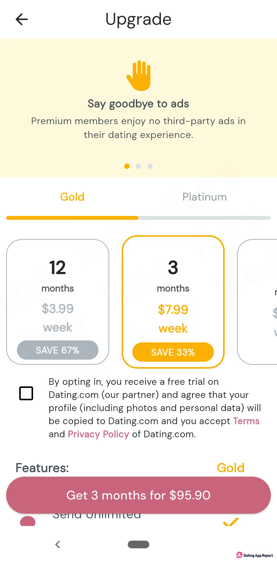 Gold upgrade screen lists 12 months at $3.99/week, 3 months at $7.99/week, and a "Get 3 months for $95.90" button.
