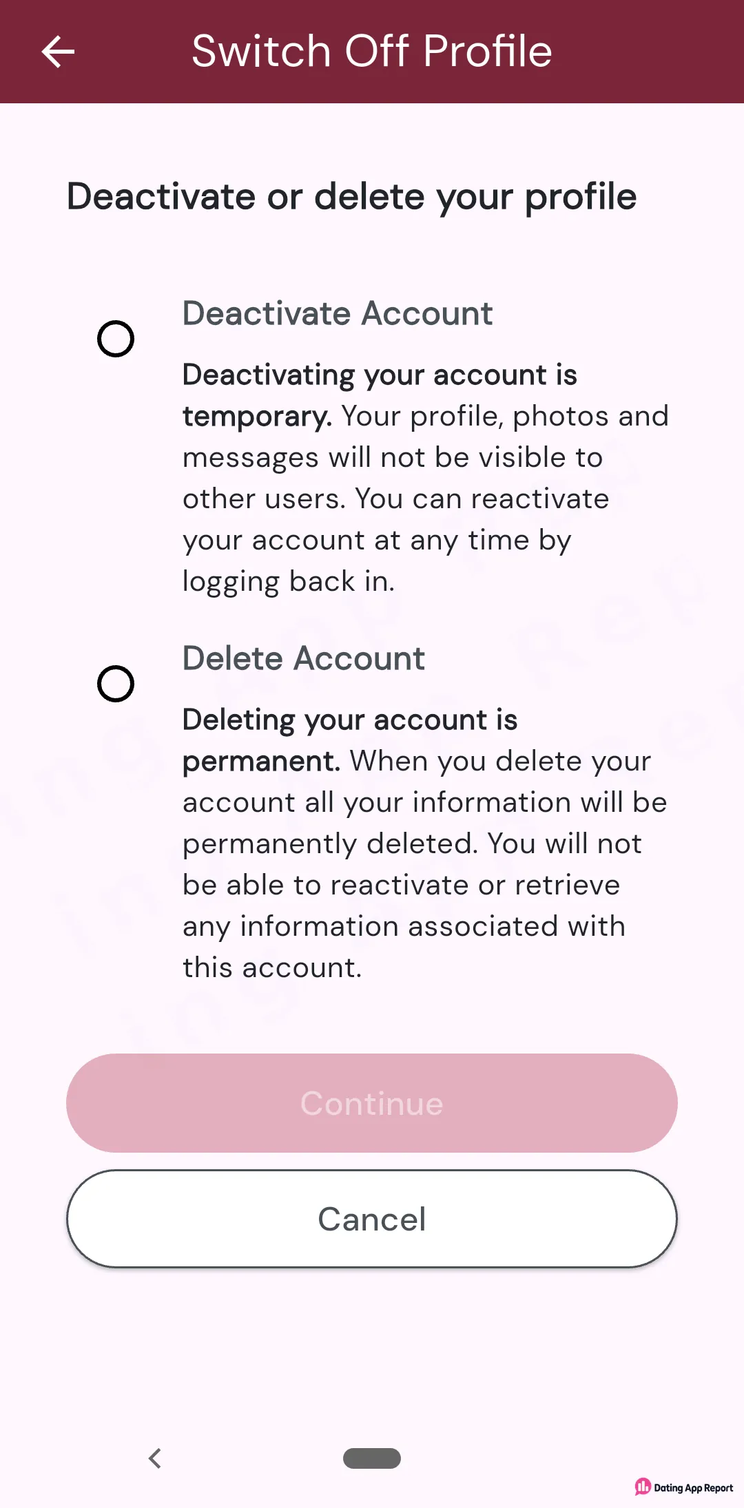 The Switch Off Profile screen lets you choose between a temporary Deactivate Account option and a permanent Delete Account option.