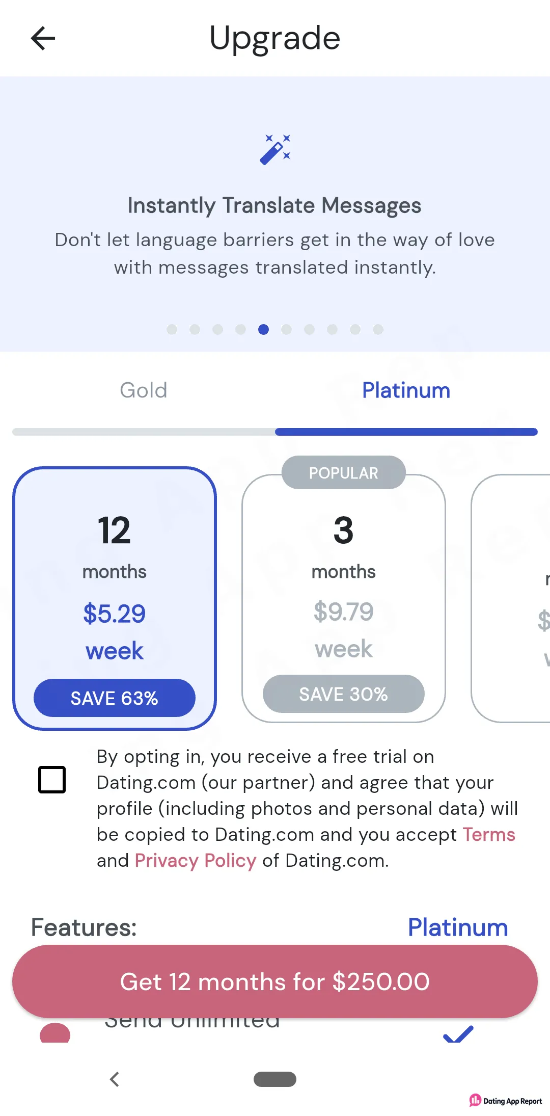 Platinum upgrade screen lists 12 months at $5.29 a week ($250.00 total) and 3 months at $9.79 a week.