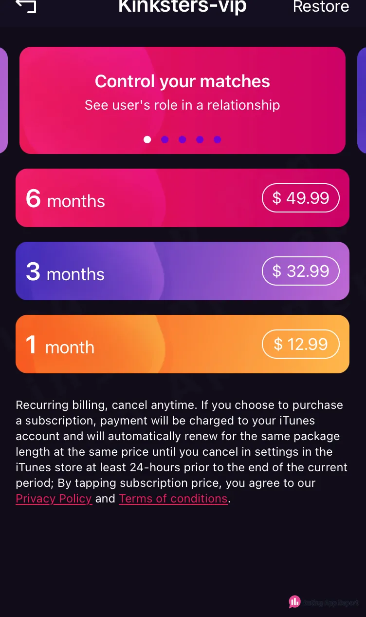 Kinksters VIP plans priced at $49.99 for six months, $32.99 for three months, and $12.99 for one month.