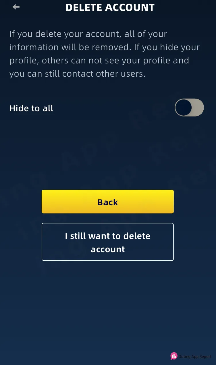 The Delete Account screen states that deleting the account removes all of the user's information.