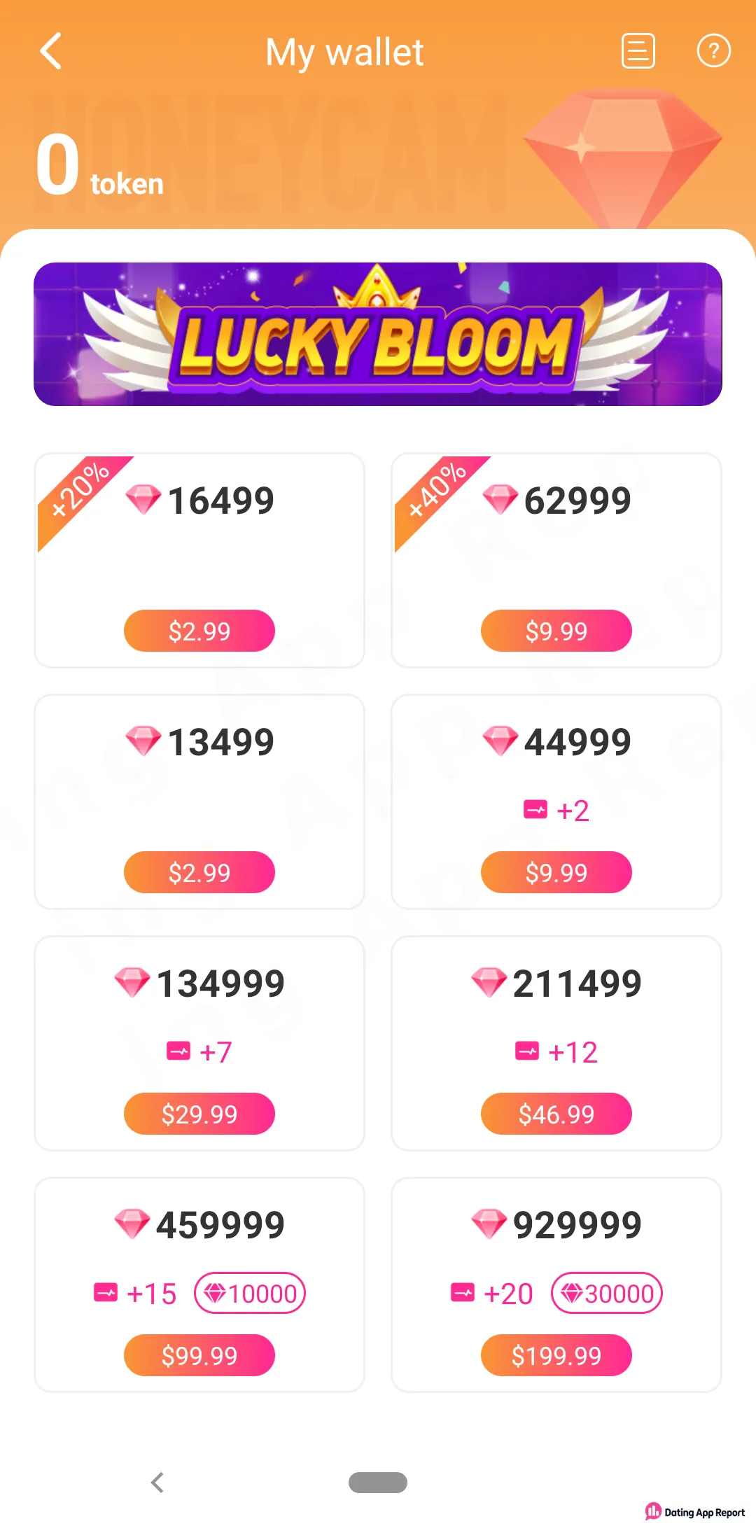 Honeycam's My wallet lists diamond packs from 13,499 for $2.99 up to 929,999 for $199.99, with a 0 token balance.