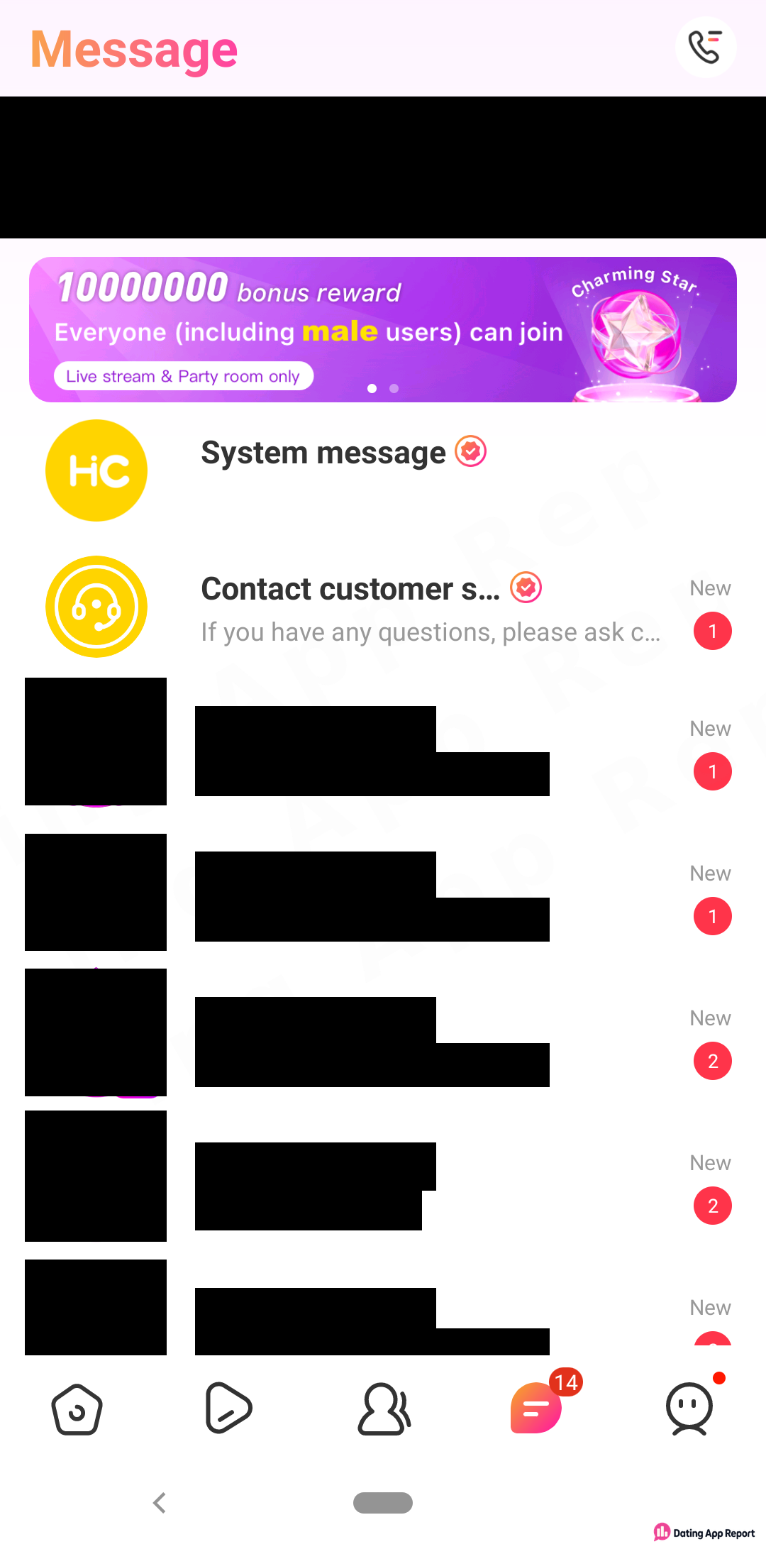 Message list with a badge reading 14 and several redacted chats marked New, alongside a customer-support thread.