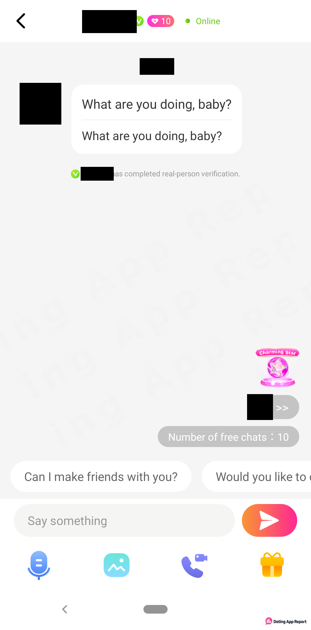 Received chat shows the full message "What are you doing, baby?" and a "Number of free chats: 10" counter.