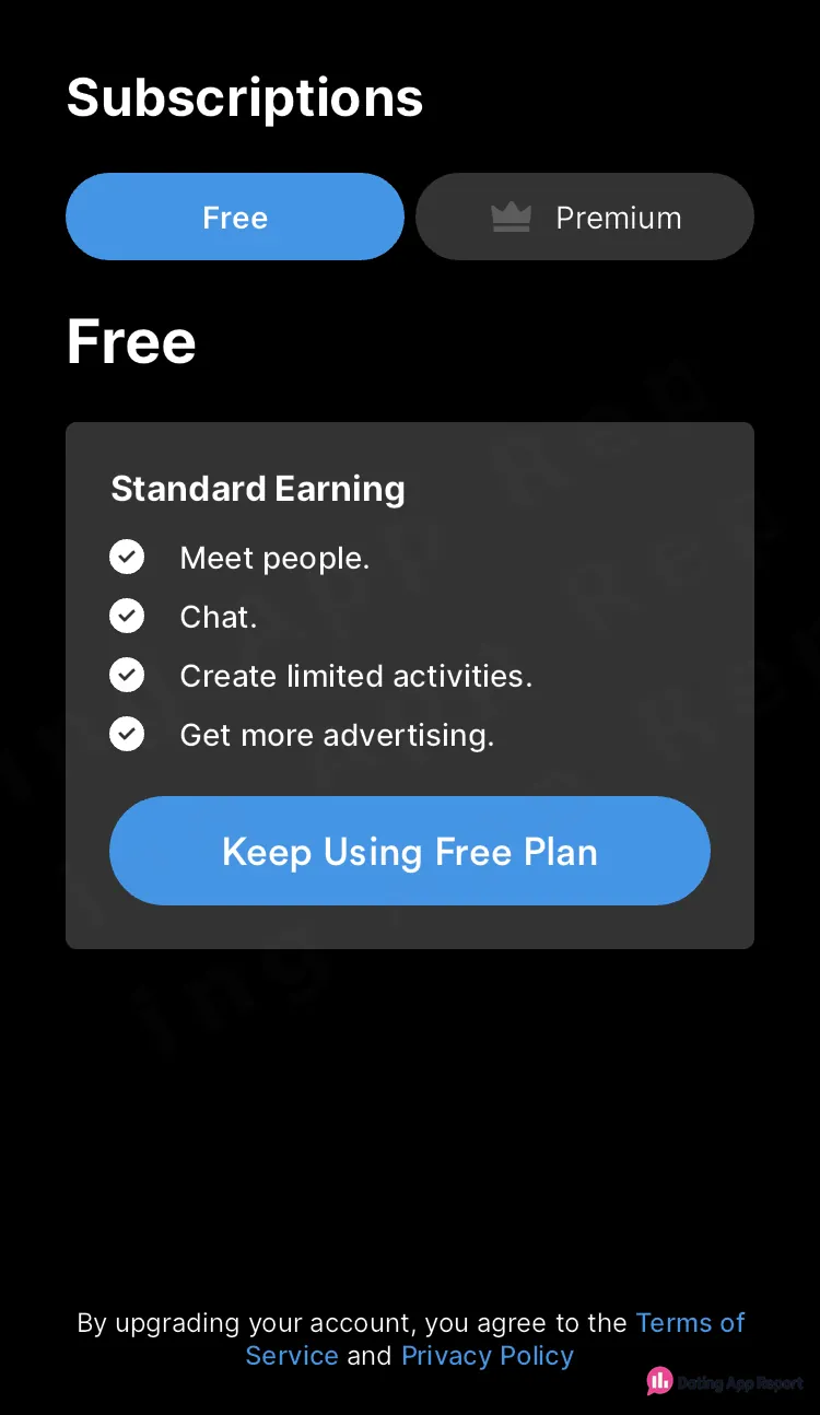 Subscriptions screen, Free tab: lists meet people, chat, limited activities, more advertising, with "Keep Using Free Plan" button.