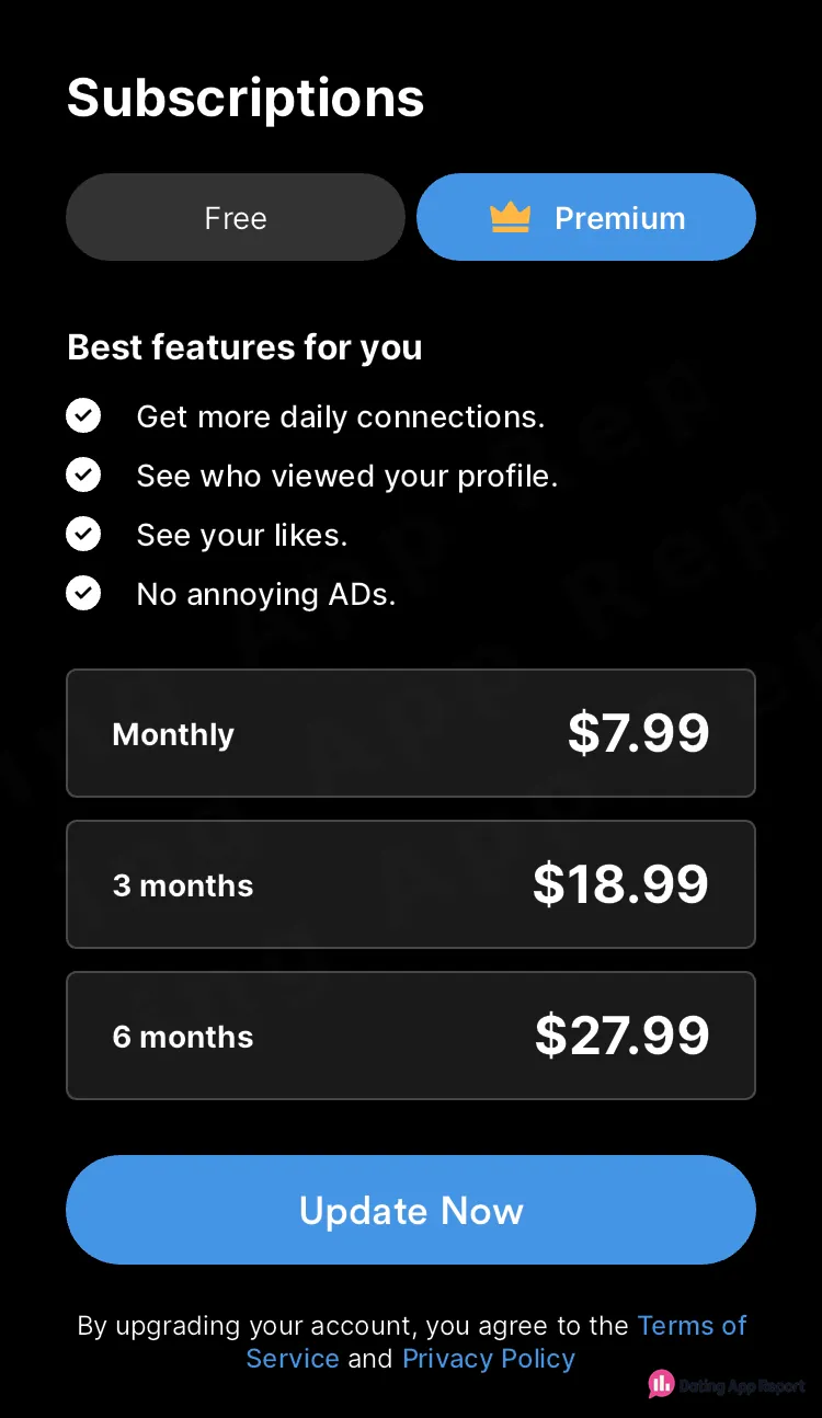 The Premium tab lists four features and plans: $7.99 monthly, $18.99 for 3 months, $27.99 for 6 months.