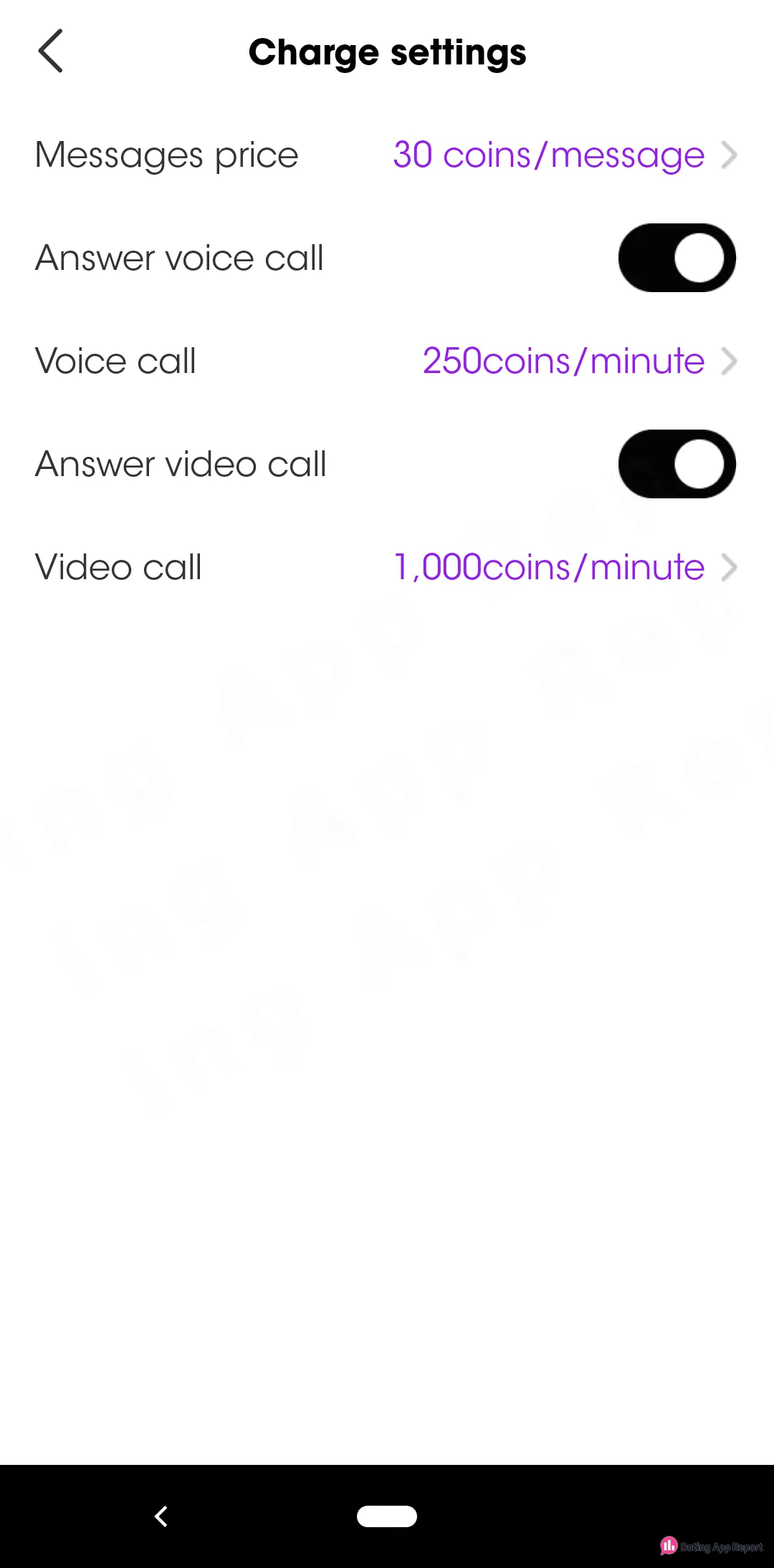 SOYO's Charge settings list 30 coins per message, and voice and video calls at 250 and 1,000 coins a minute.