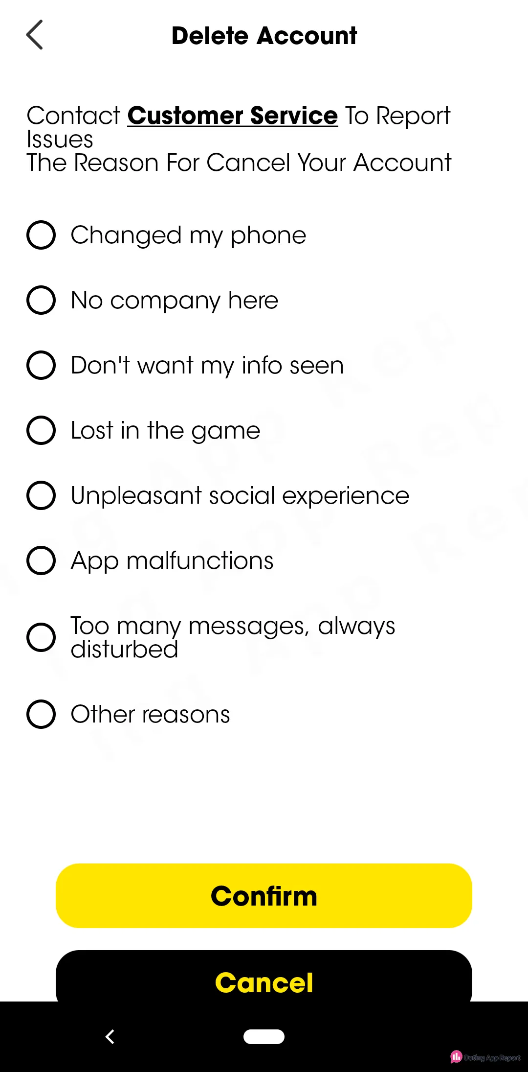 Delete Account screen lists eight reasons for leaving, a Customer Service link, and Confirm and Cancel buttons.