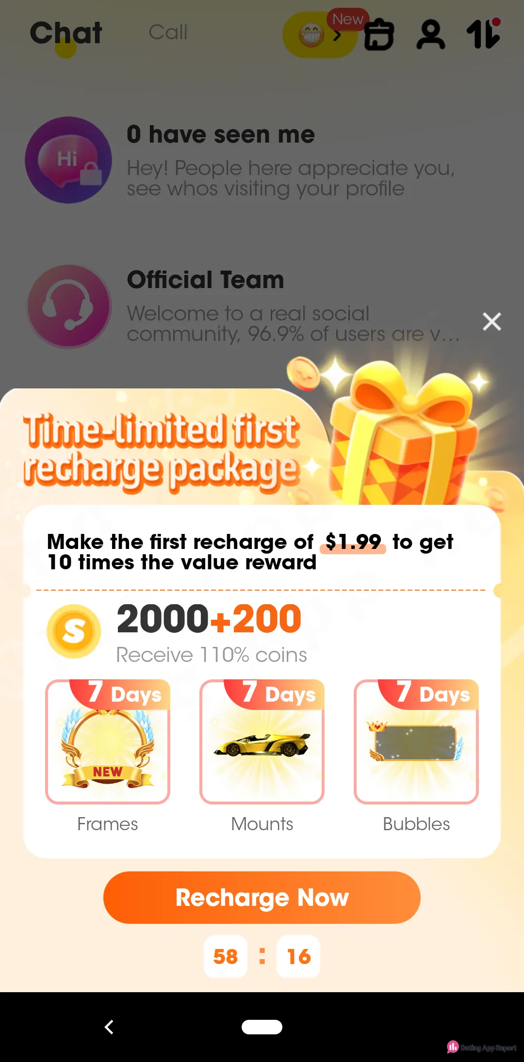 Chat screen popup offering a $1.99 first recharge for 2,000+200 coins plus 7-day Frames, Mounts and Bubbles, with countdown.